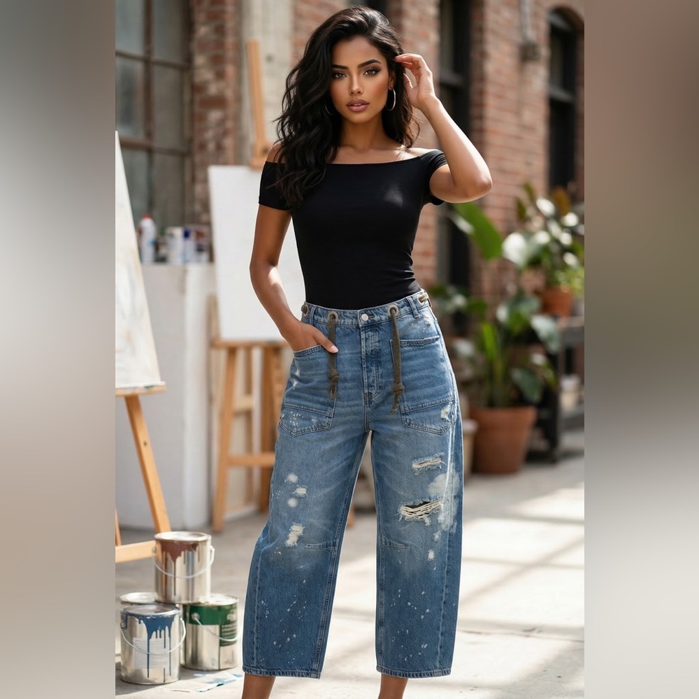 We The Free Moxie Slung Low Pull On Barrel Jeans Distressed Size 28